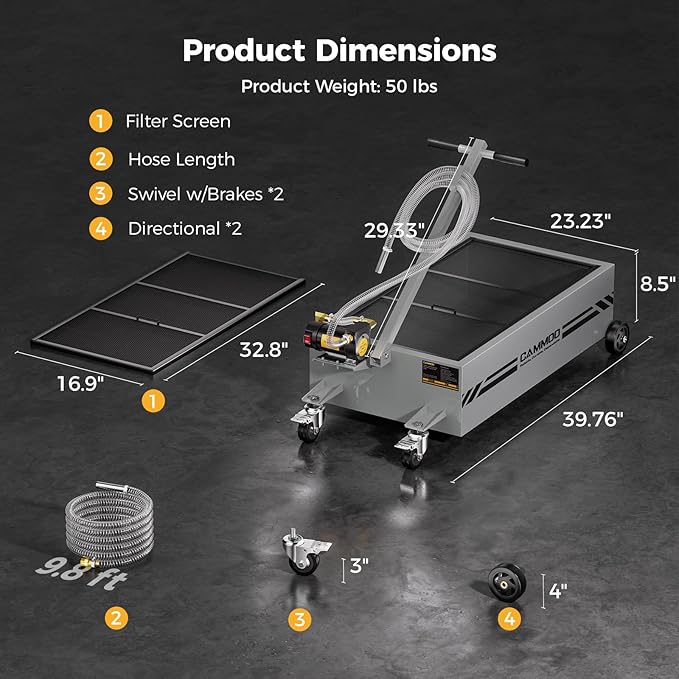 25 Gal Electric Oil Drain Pan, 110V High-Flow Pump, 9.8 FT Hose, 200 W Motor, 2 Locking Swivel Casters and 2 Directional Wheels Stable, Folding Handle, Heavy-Duty for Trucks, RVs, SUVs, Gray