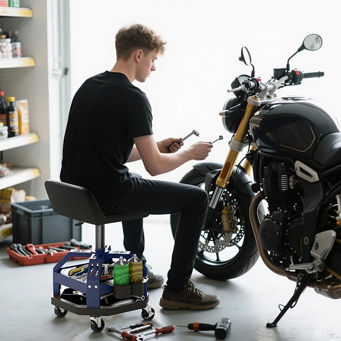 HOMCOM Rolling Mechanic Stool, 300 LBS Capacity Pneumatic Creeper Garage Stool with 360° Wheels, Backrest, Heavy Duty Roller Seat Padded Shop Chair with Tool Tray Storage, Adjustable Height (Blue)