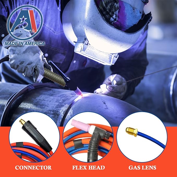 200Amp Air-cooled WP-26FV Tig Welding Torch Flex Head - Complete Package with 15-ft Power Cable Hose, Gas Lens, Ceramic Cup, Power Cable Connector and Torch Accessories