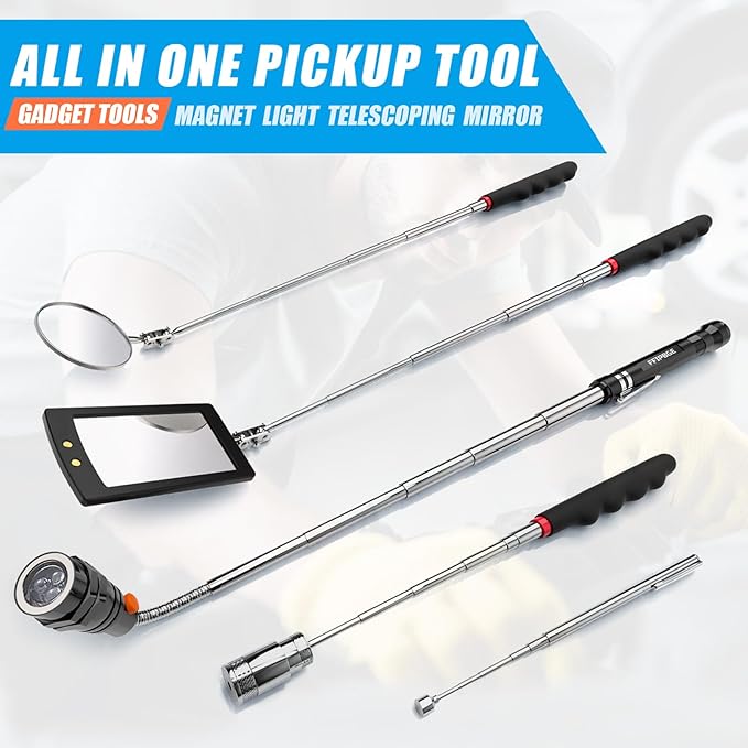 5 PCS Magnetic Pickup Tool Set, 1lb & 15lb Pick Up Rod, Magnetic Flashlight Pickup Tool, Round and Square 360 Swivel Adjustable Inspection Mirror, Fathers Day Dad Gifts, Birthday Gifts for Men, Him