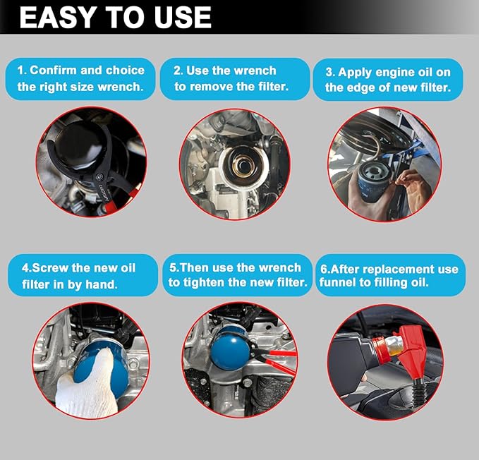 5Pcs Adjustable Oil Filter Pliers Set, Universal Oil Filter Removal Tool with Small Oil Funnel, 10" & 12" & 14" & 16" Oil Fliter Wrench From 1-1/4" to 8-1/2"