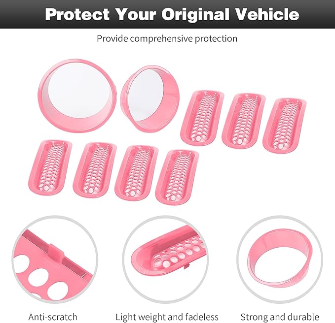 CheroCar for JK Mesh Grille Grill Insert & Headlight Cover Trim Exterior Accessories for Jeep Wrangler JK 2007-2017,Pink…