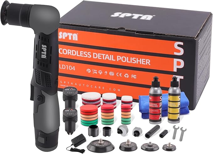 SPTA Cordless Mini Car Polisher 12V Scratches Killer Car Polisher RO/DA Cordless Polisher with Polishing Pad for Polishing, Sanding and Cleaning (Sets 1)