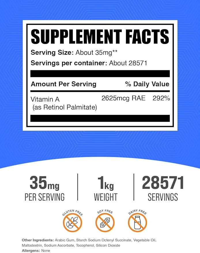 BulkSupplements.com Vitamin A Palmitate Powder - as Retinol Palmitate, Vitamin A Supplement for Immune & Eye Support - Gluten Free, 35mg per Serving, 1kg (2.2 lbs) (Pack of 1)