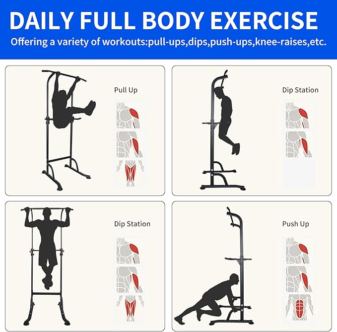 Power Tower Pull Up Bar Station,Height Adjustable Multi-Function Dip Station for Home Gym Strength Training Fitness Workout Equipment