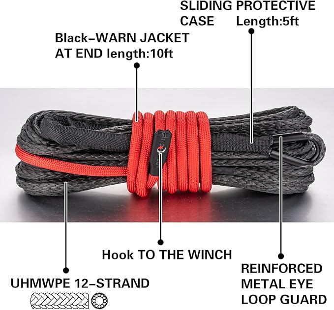 Synthetic Winch Rope 1/4" x 50 ft, 10,000 lbs Pulling Strength, with Protective Sleeve, Safety Pull Strap for ATV, UTV, and Offroad Vehicles (Black, 1/4" x 50 ft)