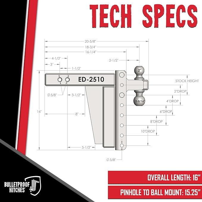 BulletProof Hitches - 2.5" Adjustable Extreme Duty Trailer Hitch (36,000 lb. Rating) - 10" Drop/Rise with 2" and 2 5/16" Dual Ball - Powder Coat, Solid Steel, Corrosion-Resistant