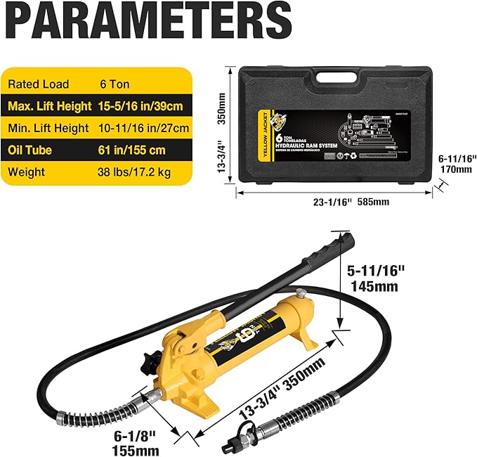 YELLOW JACKET 6 ton Porta Power Kit Hydraulic Ram Jack Pusher Puller Auto Body Frame Repair Tool with Blow Mold Carrying Storage Case for Car Repair,Truck,Farm