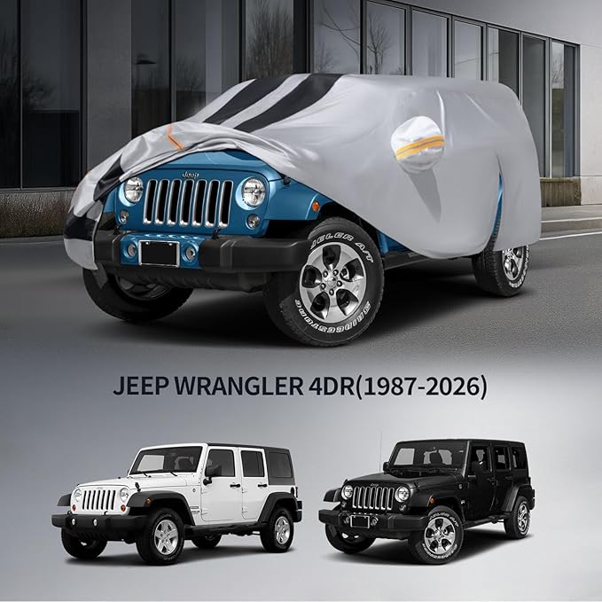 10 Layers Car Cover Custom Fit for Jeep Wrangler 4 Dr/Unlimited 4 Door JK JL 100% Waterproof All Weather Automobilesl, Heavy Duty Car Covers for Rain Sun UV Protection with Door Zipper.