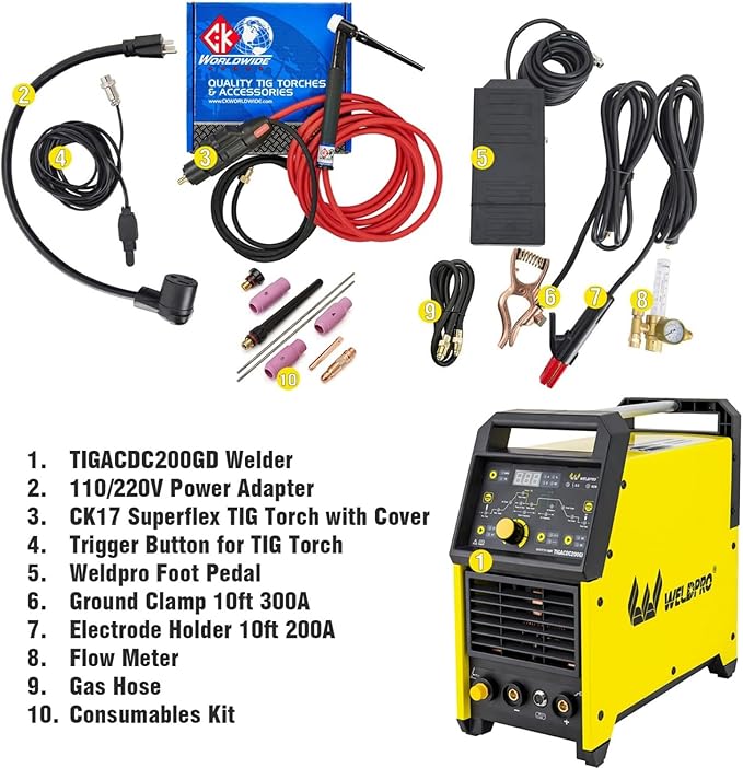 Weldpro TIG Welder AC/DC 200A with Pulse, Aluminum TIG Welder 110V/220V with CK17 TIG Torch AC TIG/DC TIG/AC PULSE TIG/DC PULSE TIG/Stick 5 in 1 MultiProcess Welding Machine with Foot Pedal