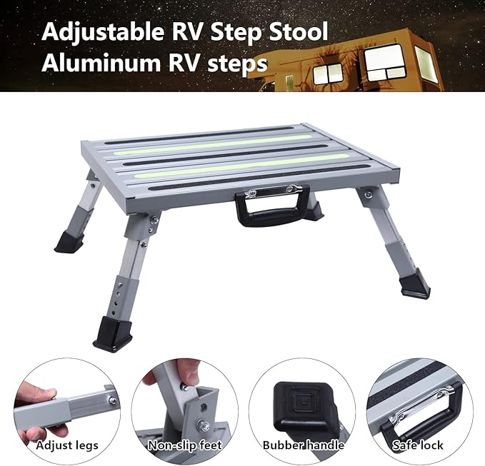 19”×14.5” Large RV Steps with Glow in The Dark Tapes Adjustable RV Step Stool Aluminum RV Step Supports Up to 1500 lbs