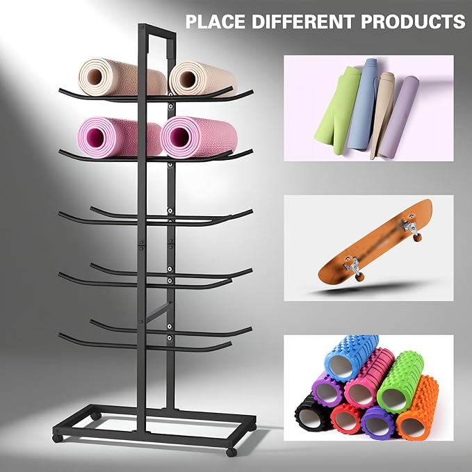 Yoga Mat Holder, Yoga Mat Storage Rack Floor-Standing, Home Gym Double Sided Foam Roller Holder Rack, Large Capacity Yoga Blocks Organizer Shelf on Wheels, 5 Tier Metal Rolling Cart (black, 5th floor)