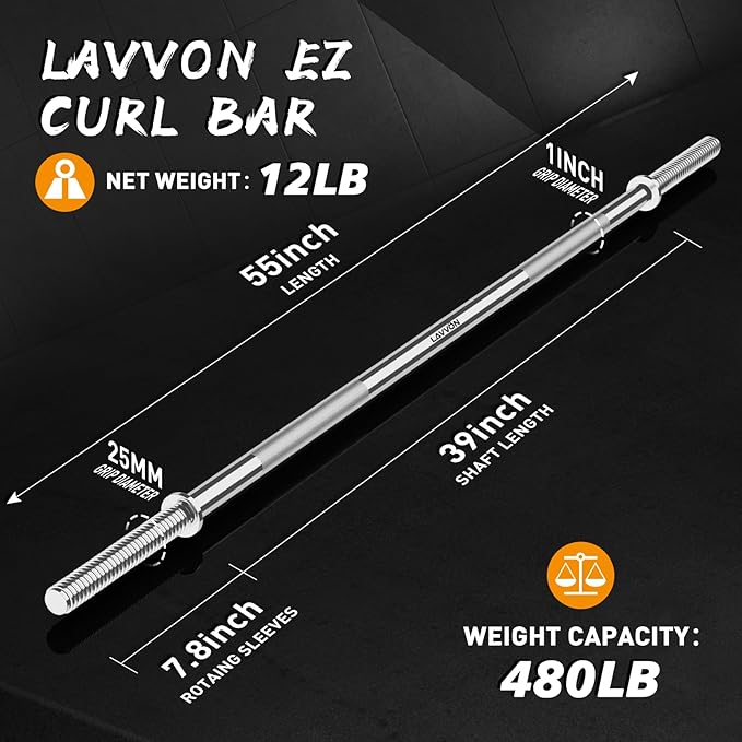 55" Weight Lifting Bar, 1" Standard Straight Barbell Bars for Weight lifting, Olympic Barbell Bar for Bench Press/Hip Thrusts/Squats/Lunges for Gym and Home, 2 Star Star-nuts (480lb Weight Capacity)