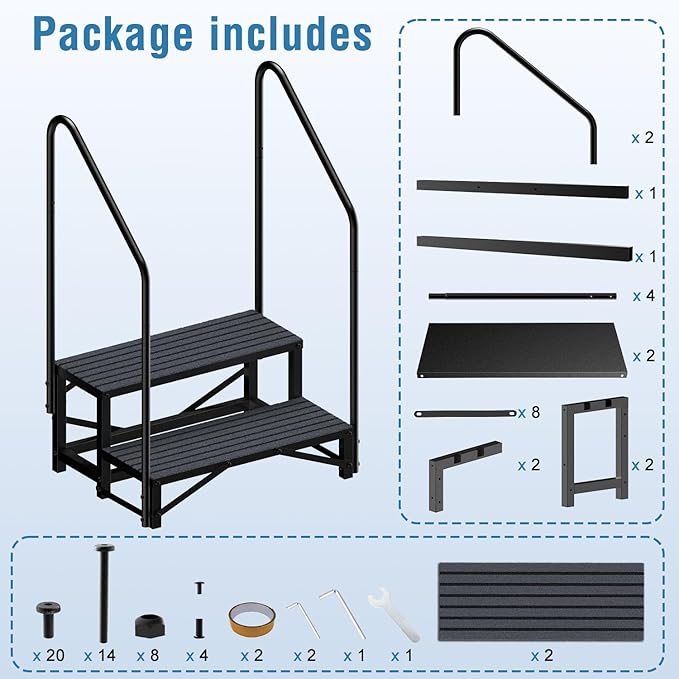 RV Steps with Handrail, 2 Steps RV Stair, Mobile Home Stairs for Camper, Trailer, hot tub, Steps with Non-Slip mat, 660lbs Capacity