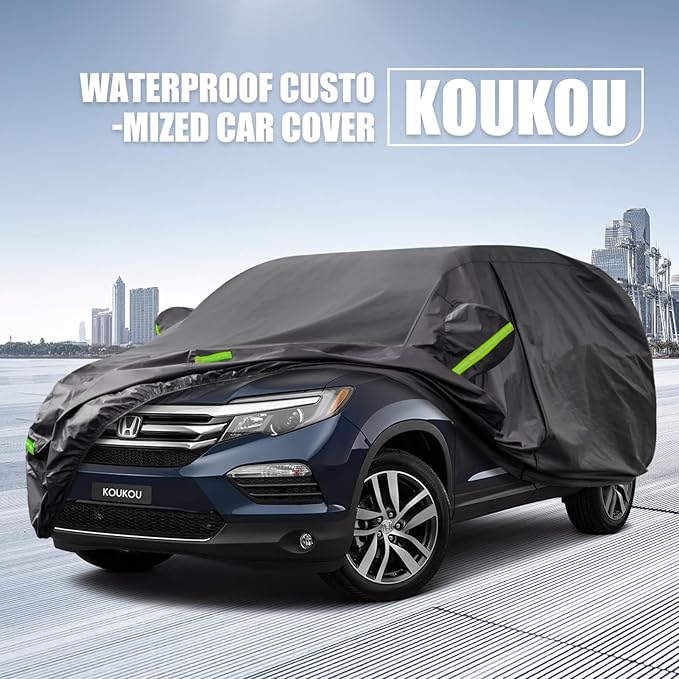 KouKou Waterproof SUV Car Cover Suitable for Honda Pilot from 2002 to 2025, 7 Layers Windproof All Weather Waterproof Outdoor Cover Sun Rain UV Dust Snow Protection. Black