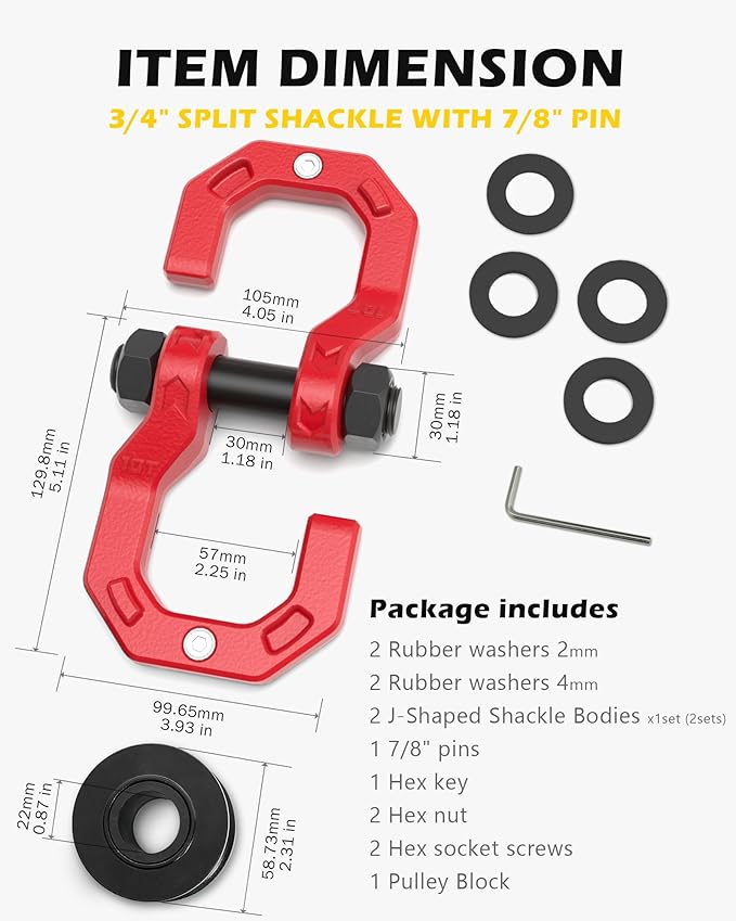 Snatch Block D-Ring Shackle Set, 3/4” Towing Winch Shackle & Snatch Pulley Block, Heavy Duty Separate D Ring Winch Shackle, 57320lbs(26T) Breaking Strength, for Off-Road Recovery, RedRed