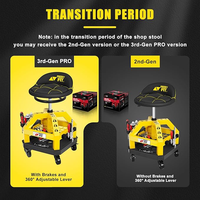 Rolling Shop Stool for Garage with Casters, DO02-Adjustable Height 360° Swivel Shop Seat with Tool Tray Storage, 330 LBS Capacity Padded Mechanic Stool, Magnetic Tool Hold, Heavy Duty,Yellow