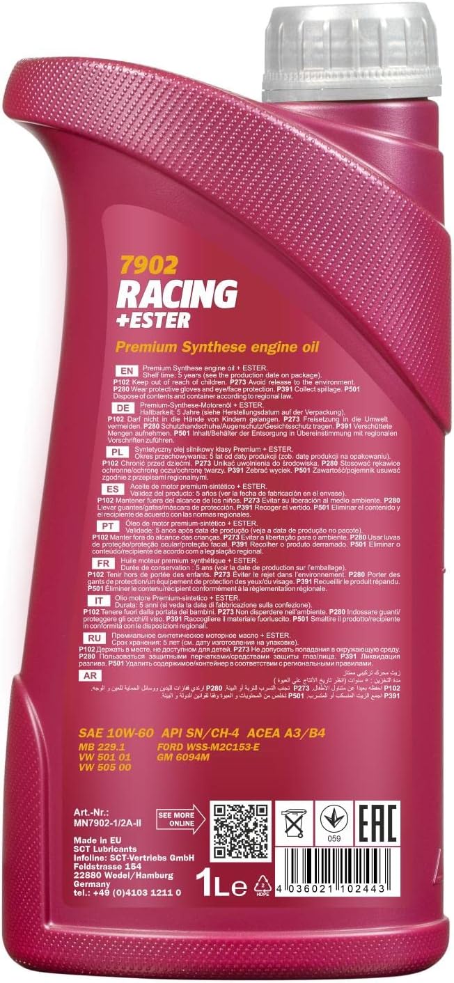 Racing + Ester 10W-60 Engine Oil by MANNOL - 7902 Premium Bi-Synthetic Motor Oil for Sports and Racing Cars, Car Oil API SN, ACEA A3/B4, 1L