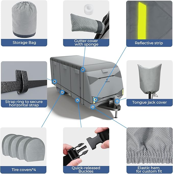 RVMasking Travel Trailer RV Cover 34-37ft, 7 Layers Extra-Thick Camper Cover Waterproof Windproof for Toy Hauler with 4 Tire Covers & Tongue Jack Cover & Propane Tank Cover, Light Gray