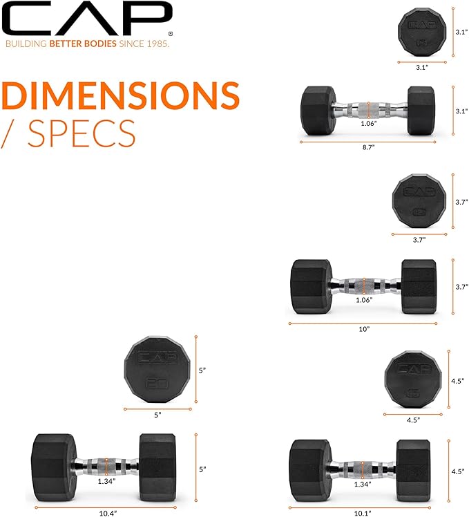CAP Barbell Rubber Coated Dumbbell Weight Set with Vertical Rack | 100 lb, 150 lb, and 210 lb Options