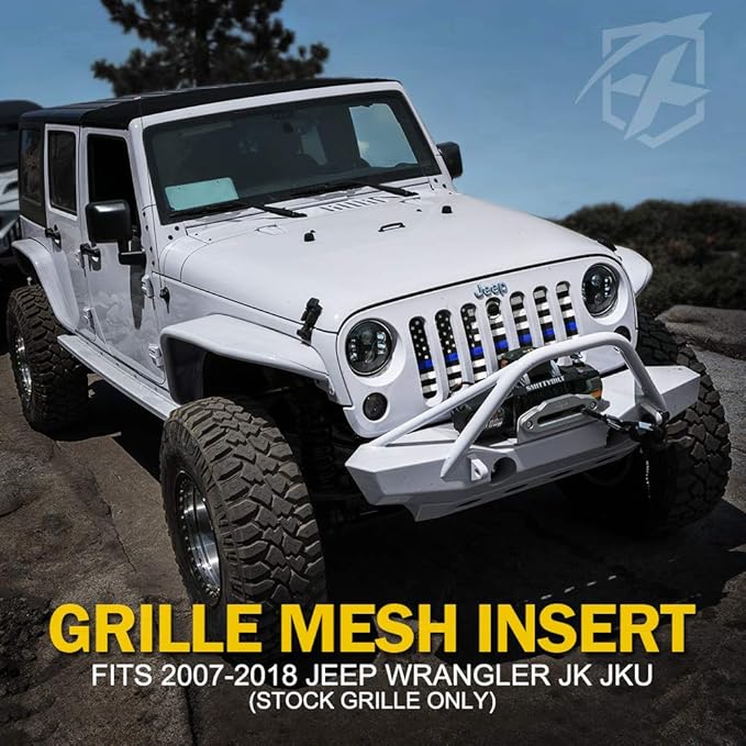 Xprite Aluminum Alloy Grill Mesh Insert Law Enforcement Blue Stripe with Hood Lock Hole Compatible with 2007-2018 Jeep Wrangler JK JKU Stock Grill