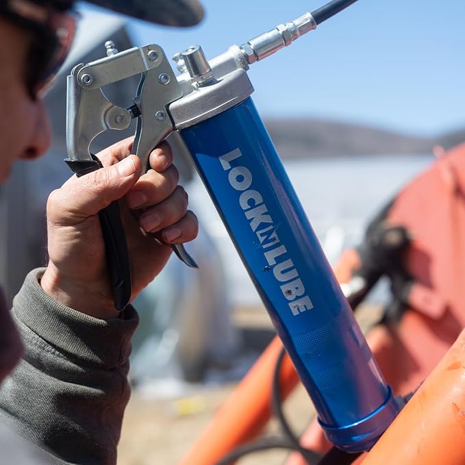 LockNLube Heavy-Duty Pistol Grip Grease Gun (Blue). Includes our patented LockNLube® Grease Coupler (Locks On, Stays On, Won't Leak!) plus a high-quality 20" hose and in-line hose swivel