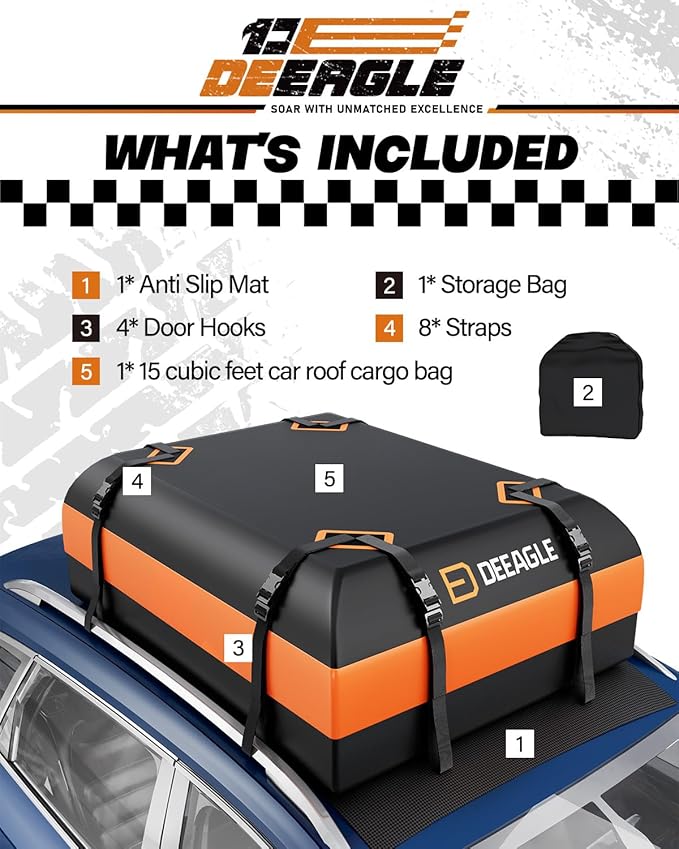 DEEAGLE Rooftop Cargo Carrier 15 Cubic Feet – Car Roof Cargo Bag for Vehicles Without Roof Rack – Waterproof Soft Car Top Carrier with Non-Slip Mat, 4 Door Hooks & 8 Reinforced Straps