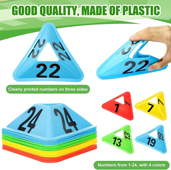 Cindeer 24 Pack Sports Cones with Numbered Soccer Plastic Traffic Cones Modern Sport Training Marker