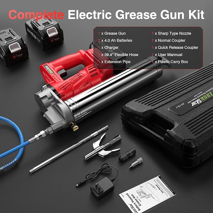 High-Efficiency Electric Grease Gun, 10000 PSI Battery Powered Grease Gun with 2 * 4.0Ah Batteries and Charger, for Farmers, Mechanics, and Equipment Owners, Red