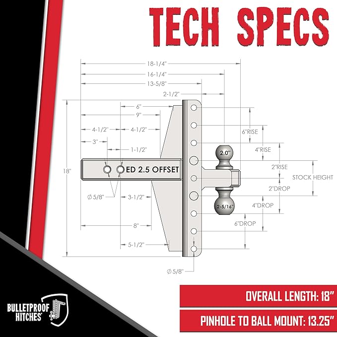 BulletProof Hitches - 2.5" Adjustable Extreme Duty Trailer Hitch (36,000 lb. Rating) - Offset 4" & 6" Drop/Rise with 2" and 2 5/16" Dual Ball - Powder Coat, Solid Steel, Corrosion-Resistant