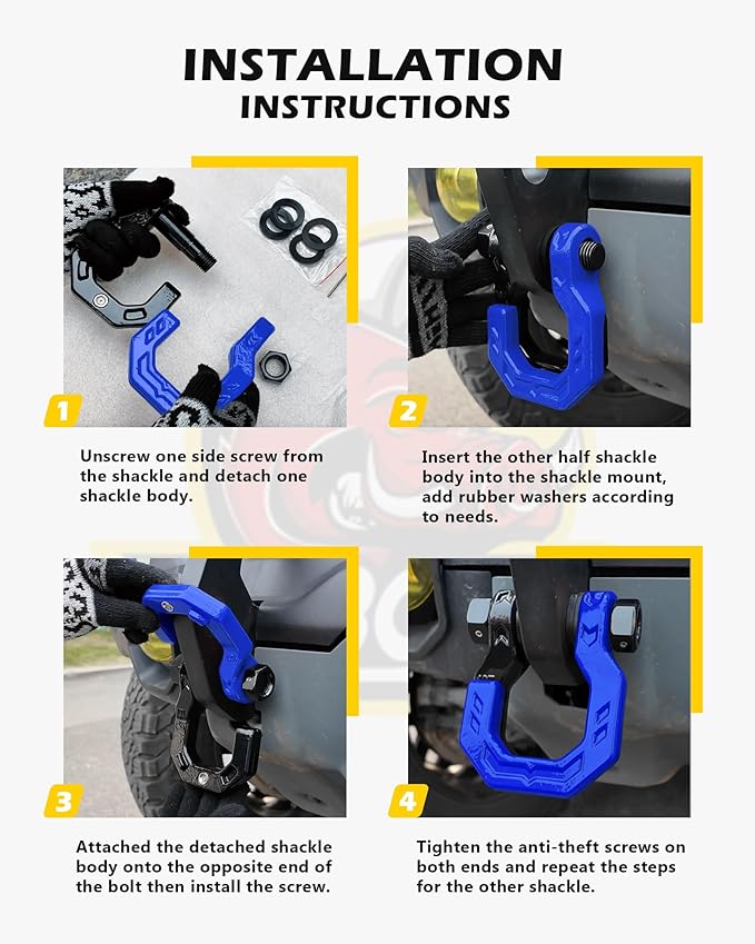 Separate D-Ring Shackles, 2Pack, 3/4" Separate D-Ring Shackles 7/8" Pin, 57320lbs Breaking Strength, Heavy Duty Forged Steel, D-Ring Towing Winch Shackle for Recovery, 4x4 Off-Road, Black Blue