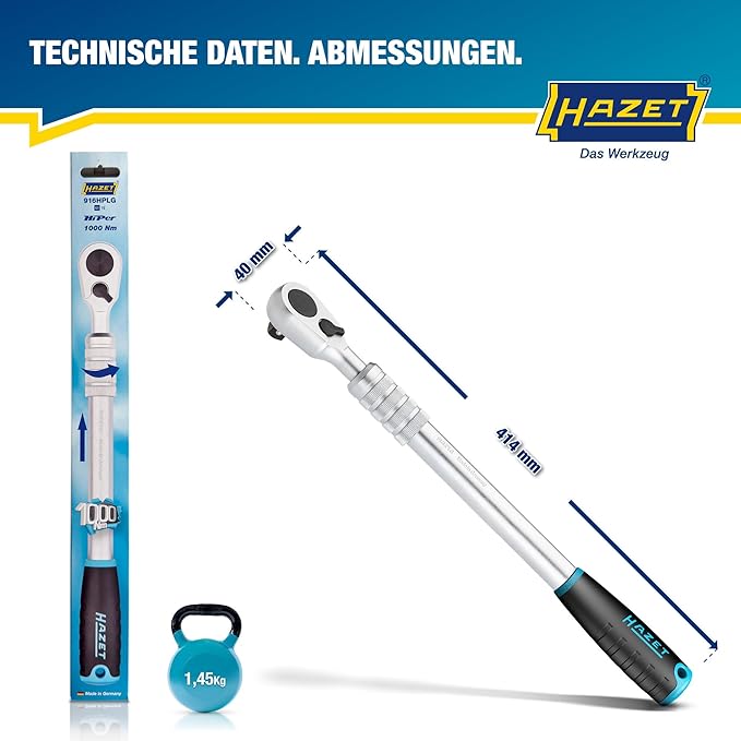 HAZET Hiper Fine-Tooth Reversible Ratchet 916HPLG I 12.5 Mm (1/2 Inch) Square Drive, Small Operating Angle (4 Degrees), With Ball Lock I Extra Long Version, Infinitely Extendable