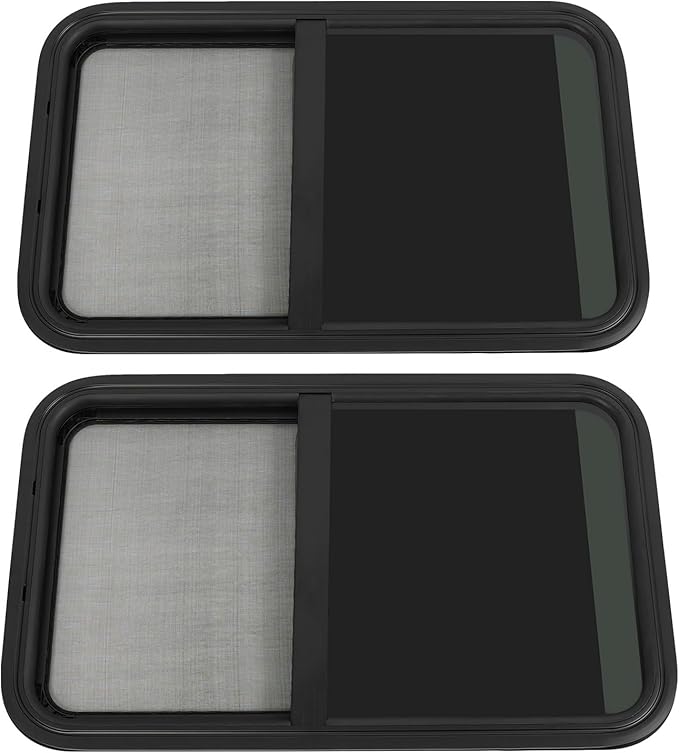 2 Pack 18" W x 30" H RV Window Vertical Sliding, DOT Certified - Shatterproof Tempered Tinted Glass, with Net Screen and Trim Ring, Teardrop Replacement Trailer Camper Window