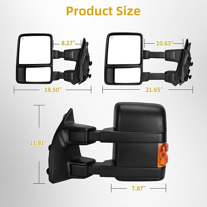 DWVO Towing Mirrors Fits 2008-2016 Ford F250 F350 F450 F550 Super Duty, Left Driver Side Mirror with Power Heated, Telescoping, Turn Signal Lights, Black