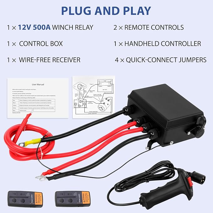 12V 500A Pre-Wired Winch Control Box Kit for Winches, 8000lbs-17000lbs, Wire-Less & Remote Control, Handheld Controller, Jumper Cables, ATV/UTV/SUV Trailer Winch Upgrade