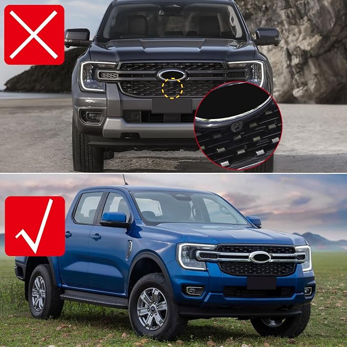 HIGH FLYING for Ford Ranger 2024 2025 Car Exterior Accessories Front Middle Grille Insert Bumper Overlay ABS Gloss Black 3pcs (Only Fit XLT/XL/XLS)