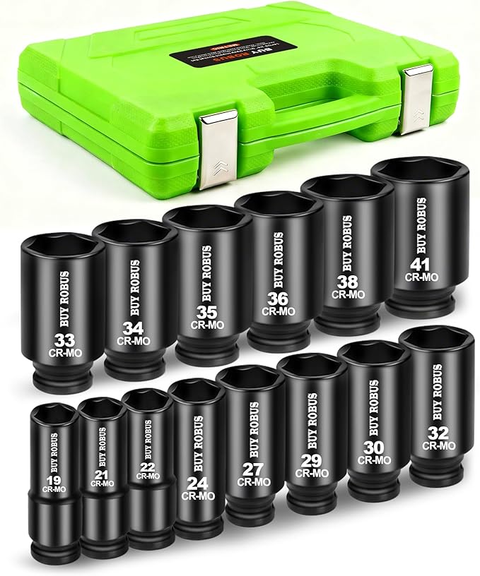 3/4 inch Drive Impact Socket Set, 14 Piece Heavy Duty CR-MO Deep/Jumbo Sockets 6 Point Design, Metric 17MM to 38MM, for Large Vehicle and Apparatus Maintenance