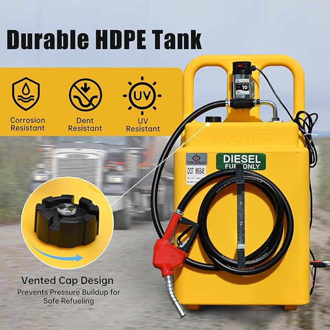 32 Gallon Diesel Transfer Tank with 12V Electric Pump, 10 GPM Flow, HDPE Portable Fuel Caddy with Auto Shut-off Nozzle & Wheels, Heavy-Duty Diesel Tank for Trucks, Tractors and Construction Equipment