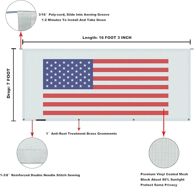 Tentproinc RV Awning Sun Shade Screen 7' X 16' 3'' (American Flag) Gray Mesh Sunshade Camper Trailer Awning Shade Screen UV Blocker Completed Kits