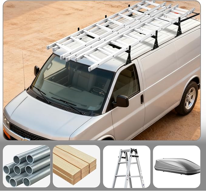 hightall Universal Van Ladder Rack with Roller,Adjustable Length 57-70" with Cargo Stoppers for Van with Rain Gutter,Compatible with Chevy Express 1500 2500 3500 Ford Econoline GMC Savana