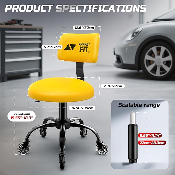 Rolling Shop Stool with Wheels,Mechanic Garage Stool Chair with Adjustable Height 15.55"-18.3",Heavy Duty Swivel Roller Seat for Garage,Salon and Tattoo Beauty, Yellow
