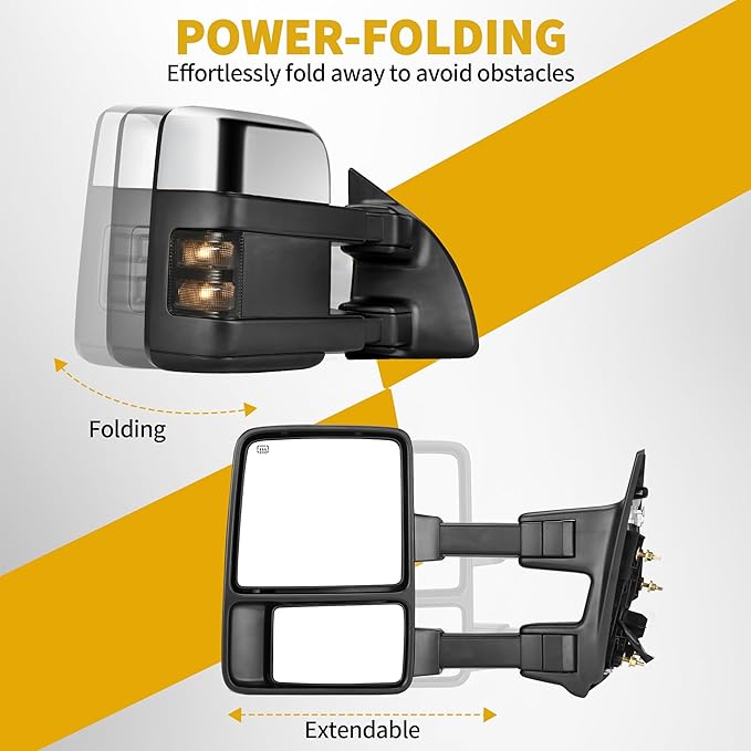 DWVO Towing Mirrors for 1999-2007 Ford F-250 F-350 F-450 F-550 Super Duty Trucks | LED Turn Signal Power Adjustable Heated Telescoping Chrome Finish
