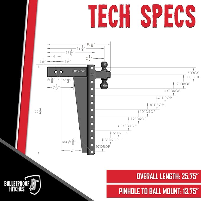 BulletProof Hitches - 2.5" Adjustable Heavy Duty Trailer Hitch (22,000 lb. Rating) - 20" Drop/Rise Trailer Hitch with 2" & 2-5/16" Dual Ball - Powder Coat, Solid Steel, Corrosion-Resistant