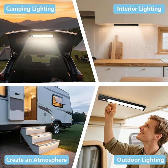 2 Pack Motion Activated RV Step Lights, USB Rechargeable 72 LED Rv Light Camping Camper Lights Adjustable 3 Colours for Motorhome Travel,Travel Trailers, Camper (Black)