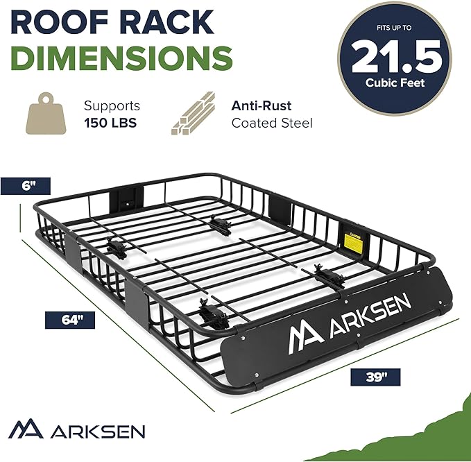 ARKSEN 64 x 39 x 6 Inch Universal 150LB Heavy Duty Roof Rack Cargo with 500D PVC Waterproof Cargo Bag, Car Top Luggage Holder Carrier Basket for SUV, Truck or RV Camping Storage Steel Construction