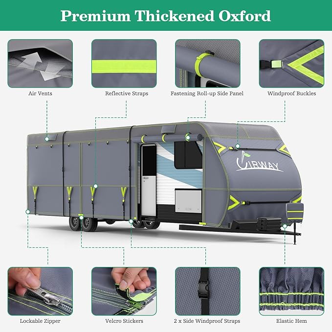UIRWAY 600D Oxford RV Cover Travel Trailer 22-24ft, Upgraded Waterproof Camper Cover for Toy Hauler, Windproof Rip-Stop Heavy Duty RV Winter, Weatherproof & Anti-UV, 4 Tire Covers,Tongue Jack Cover