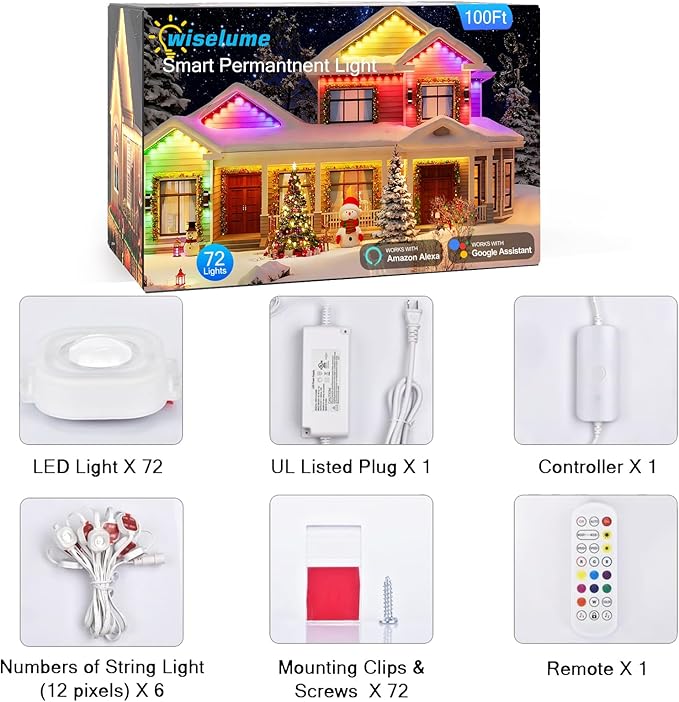 100Ft Permanent Outdoor Light with 72 LED Lights, RGB+IC Eaves Lights,Color-Changing Waterproof Lights with 63 Scene Modes,APP & Voice Control,for Christmas, Halloween, Parties, and Holiday Décor