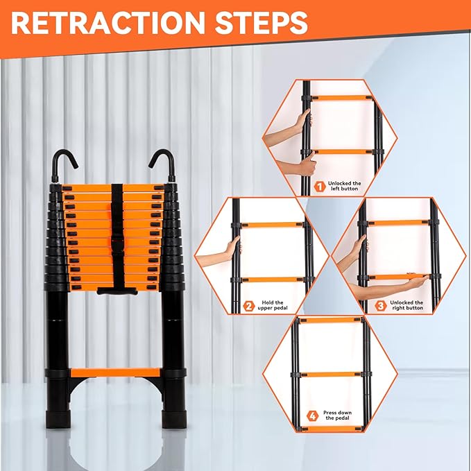 12.5FT Telescoping Ladder, Aluminum Extension Ladder w/Triangle Stabilizers and Non-Slip Feet, Multi-Purpose Retractable Ladder for Home, Work and Outdoor, 330lbs Capacity Orange