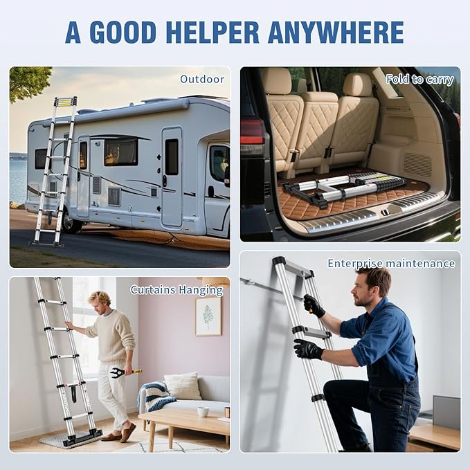 12.5FT Telescoping Ladder, 330lb Capacity Aluminum Heavy-Duty Extension Ladder with Anti-Slip Steps for Secure Attic Access, Roof, and Home Renovation Projects