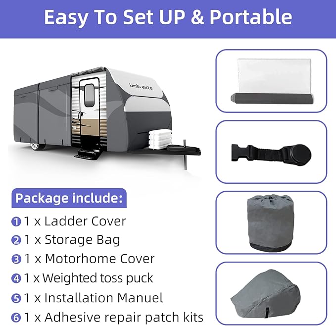 Umbrauto Travel Trailer RV Cover 20-22ft, Waterproof & Ripstop Camper Cover with 4-Layer Sides, Sun and Snow Protection, Extra Windproof Ropes, Fits Toy Hauler
